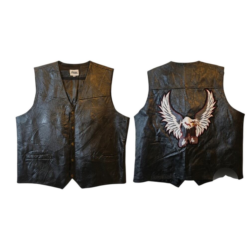 Vintage Ashburn Genuine Leather Biker Vest Eagle Patch Black Men's XXL